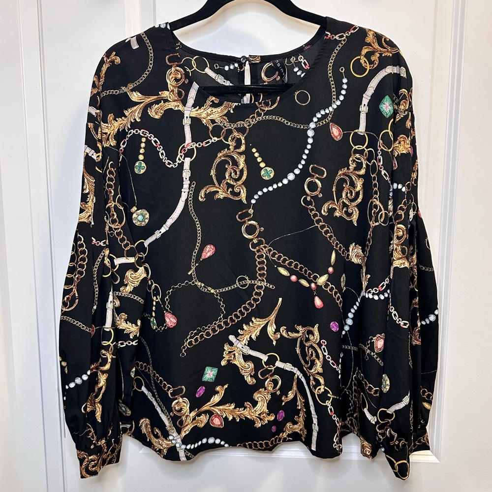 Amisu Black Blouse with Gold Chain and Jewel Patterns